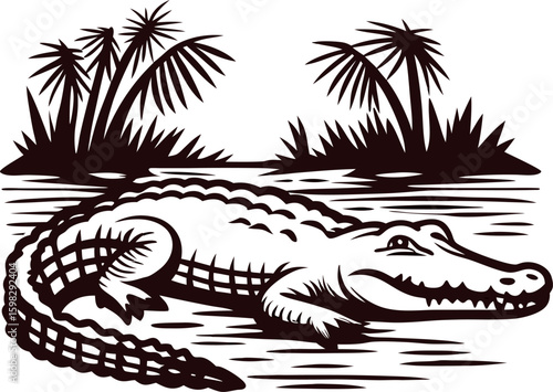 Alligator resting near water with tropical plants vintage hand drawn wildlife illustration