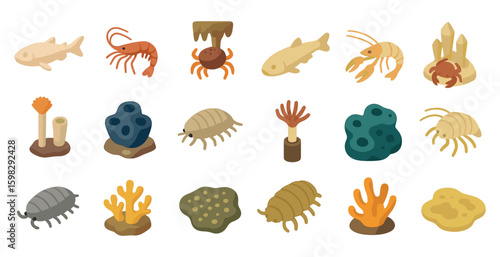 Marine life icons set – flat, aquatic, sea creatures collection