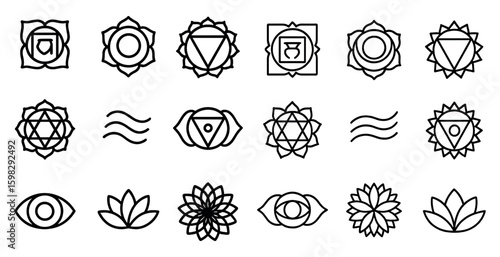 Spiritual and wellness outline icons set – linear, spiritual symbols and meditation signs