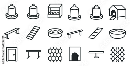 Chicken coop outline icons set – flat, silhouette, poultry and farming symbols