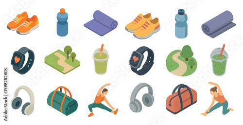 Fitness and exercise isometric icons set – workout, health, sporty elements