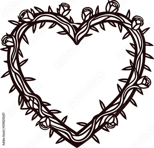 Heart shape made of thorny rose vine hand drawn romantic frame with botanical thorns and blooming buds, black and white line art