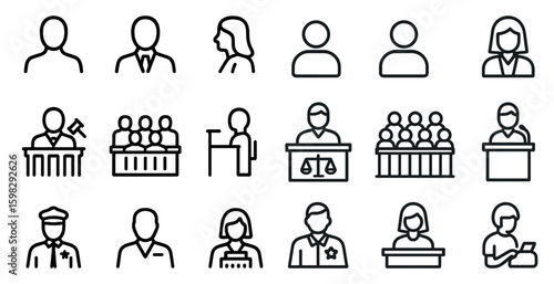 Law and justice outline icons set – court, legal, and advocacy symbols