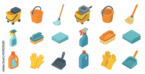 Cleaning supplies isometric icons set – flat, solid, housekeeping tools