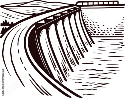 Curved concrete dam with flowing water and distant train in rural landscape illustration