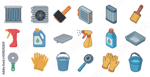 Home cleaning tools isometric icons set – 3d, household, sanitation essentials