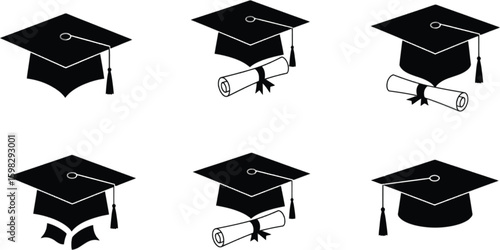 Vector art of graduation caps with diplomas isolated on white background represent educational achievements