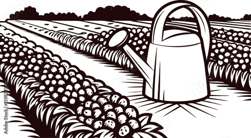 Watering can on vegetable field illustration with rows of plants and bushes in vintage engraved