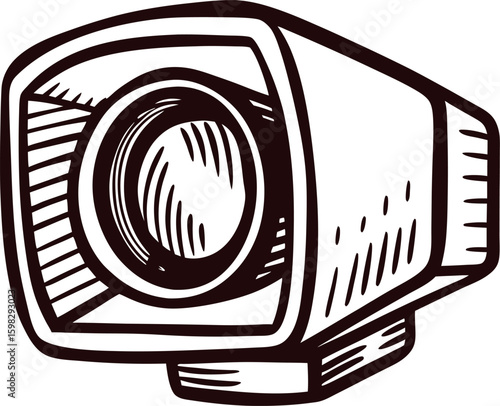 Hand drawn digital camera lens in vintage woodcut detailed illustration isolated on white background