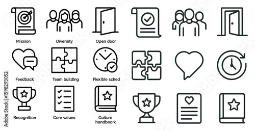 Workplace and team building icons set – outline, linear, office and hr symbols