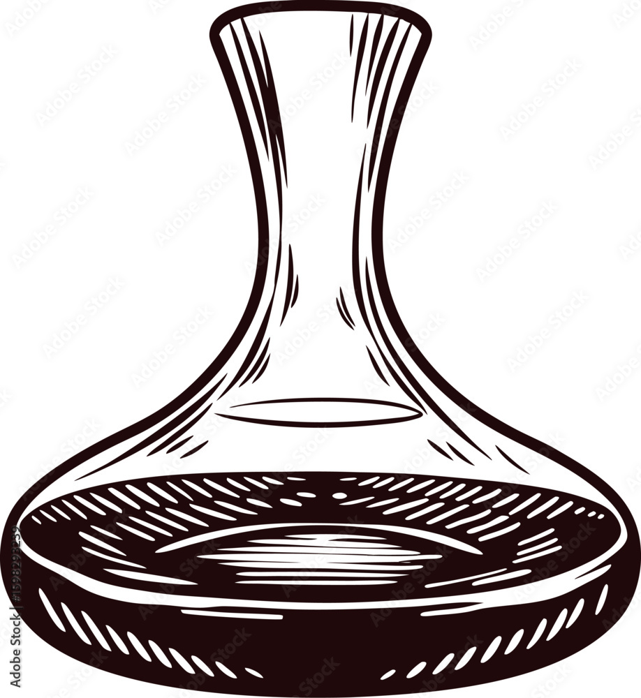 Hand drawn decanter with wide base and narrow neck vintage engraving glass container illustration