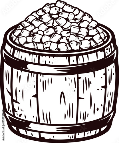 Vintage wood barrel filled with potatoes hand drawn rustic engraving  illustration