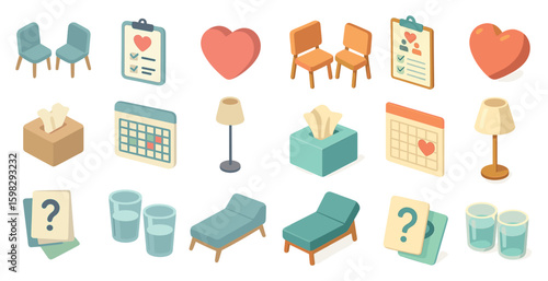 Healthcare and wellness isometric icons set – 3d, medical, lifestyle symbols