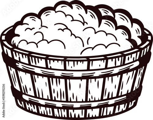 Vintage engraved wooden bucket filled with curd cottage cheese, rustic dairy container sketch illustration