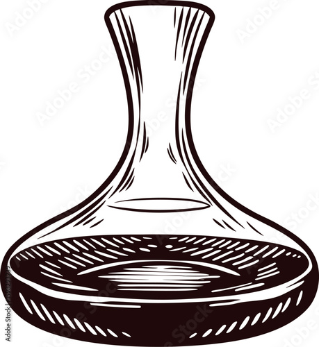 Hand drawn decanter with wide base and narrow neck vintage engraving glass container illustration