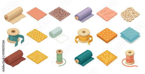 Textile craft isometric icons set – yarn, fabric, sewing tools collection
