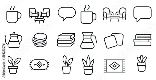 Home and kitchen outline icons set – furniture, decor, and culinary symbols