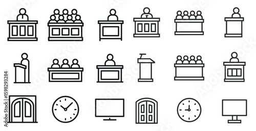 Courtroom and legal outline icons set – flat, line, justice and law symbols