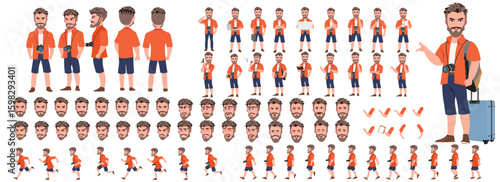 Traveler character model sheet, Character poses, expressions, Walk cycle, Run cycle animated character sequences.