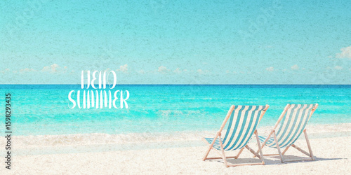 Abstract summer minimal horizontal poster, cover, banner, card with bright sea, blue sky and striped beach chairs. Summer holidays, journey, vacation travel illustration.