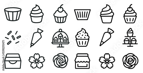 Bakery and desserts outline icons set – linear, cake, sweets and pastry symbols