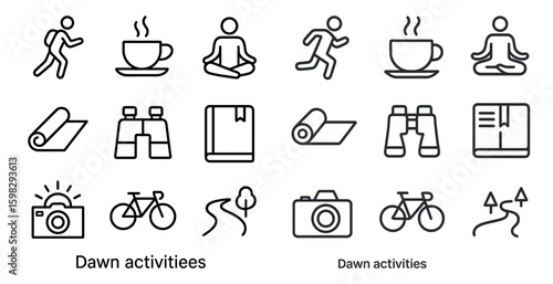 Morning activities outline icons set – fitness, meditation, exercise symbols