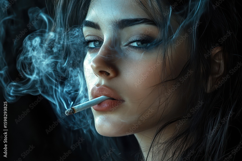 Obraz premium Woman smoking cigarette with dramatic smoke swirl