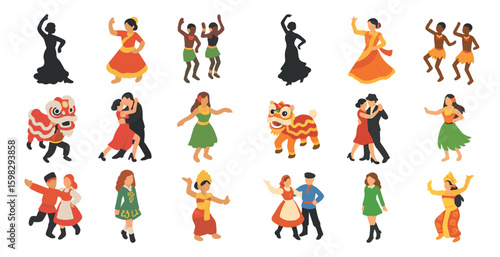 Diverse dance and culture icons set – flat, filled, global festival symbols