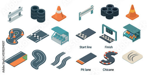 Racing and motorsport isometric icons set – 3d, track, speedway symbols