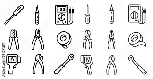 Tools and equipment outline icons set – linear style, repair, maintenance symbols