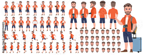 Traveler character model sheet, Character poses, expressions, Walk cycle, Run cycle animated character sequences.