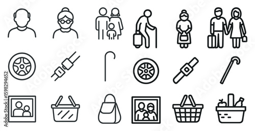 Family and lifestyle outline icons set – line, linear, home and relationship symbols