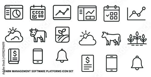 Farm management platforms icons set – line, outline, agriculture tools and symbols
