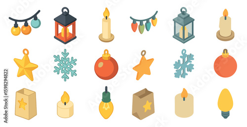 Christmas celebration isometric icons set – winter, holiday, festive symbols