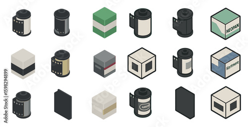 Film photography icons set – isometric, pixel art, camera and roll symbols