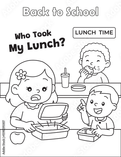 Funny school lunch scene with surprised kids in cafeteria. Great for back to school coloring and classroom icebreaker activity. Vector illustration.