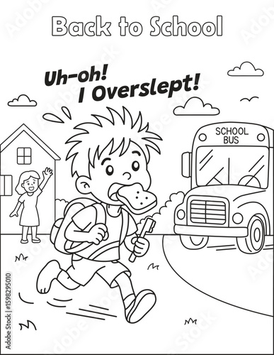 Late-for-school funny coloring page with a boy running to catch the school bus. Cute and humorous back to school activity for kids. Vector illustration.