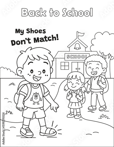 Silly back to school coloring page featuring mismatched shoes. Perfect for fun classroom activities and first week of school. Vector illustration.