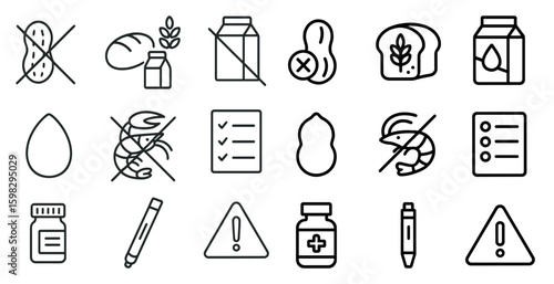Food allergies outline icons set – linear, allergen, dietary symbols
