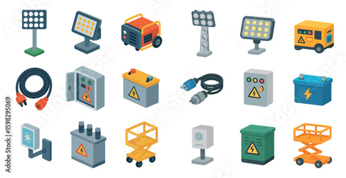 Energy and power isometric icons set – design, technology, electricity symbols