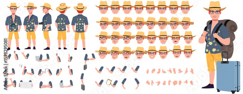 Traveler character model sheet, Character poses, expressions, Walk cycle, Run cycle animated character sequences.