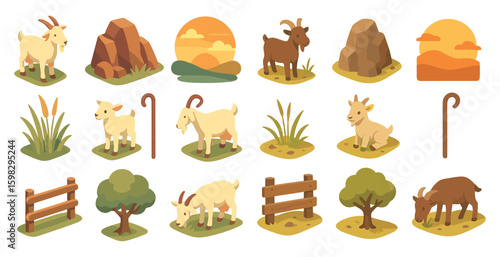 Farm animal isometric icons set: 3d, filled, livestock and rural nature symbols