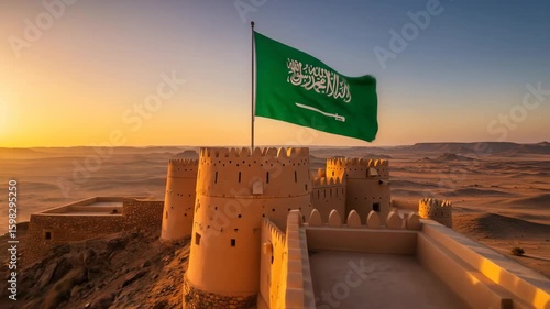 Saudi Arabia's Flag Over Al Masmak Fortress at Sunset