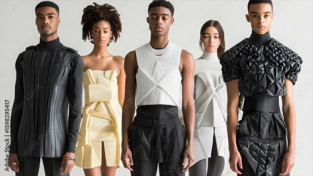 Five models showcase avant-garde, structured clothing designs in monochrome and pastel hues