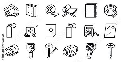 Home insulation outline icons set – linear, solid, energy efficiency symbols
