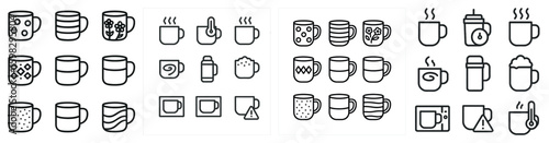 Coffee cup outline icons set – linear, silhouette, beverage and cafe symbols
