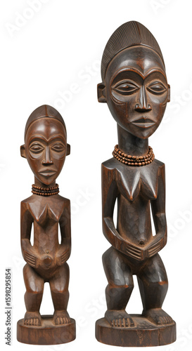 Two African Wooden Statues Isolated on Black Background