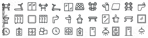 Fitness and gym outline icons set – silhouette, linear workout and exercise symbols