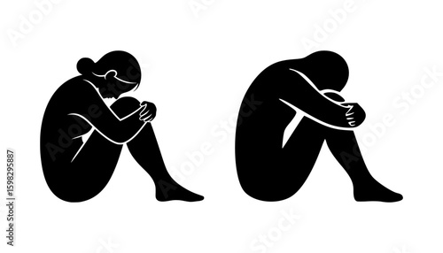set of silhouettes of people crouching sadly, isolated background