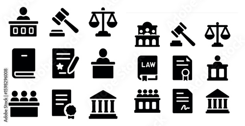 Law and justice solid icons set – filled, legal, courtroom and judicial symbols
